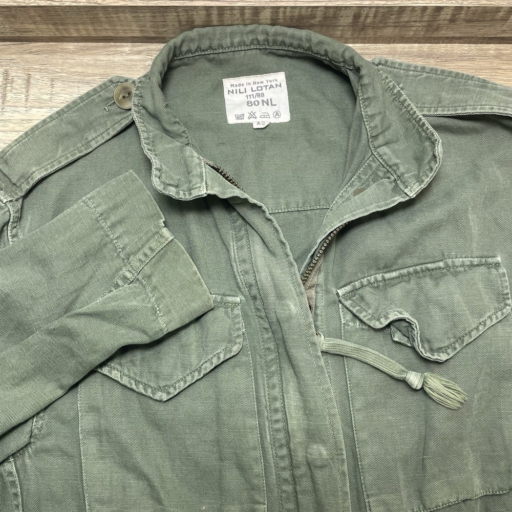 Nili Lotan Military Jacket Stand Collar Army Green Linen Blend Made USA Women XS